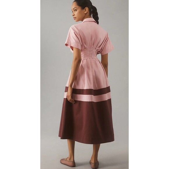 Exquise Anthropologie Midi Dress Pink Tobie Button Front Pleat Shirt Size XL NWT - Picture 5 of 11